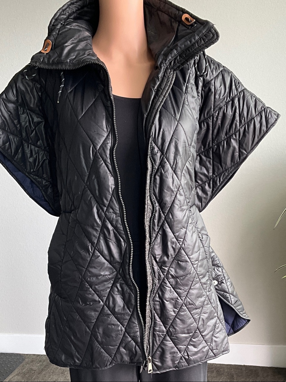 Modella Black Quilted Zip-Front Poncho Puffer